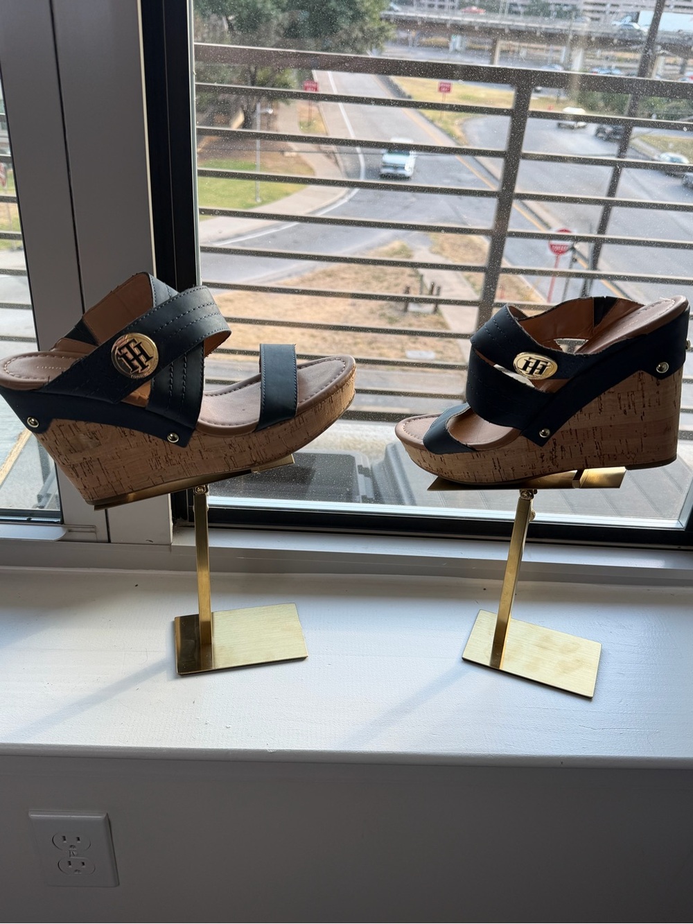Tommy Hilfiger Black Cork Wedge Sandals with Gold Logo 9.5